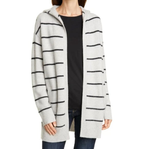 Nordstrom Signature Hooded Boiled Cashmere Cardigan - Grey/Black Stripe - Picture 1 of 12